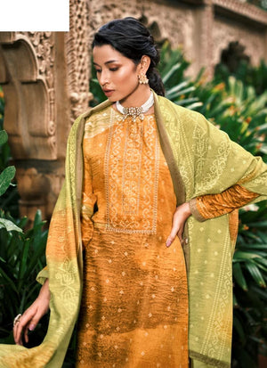 DRAVINAM Trends Women's Unstitched hand embroidered digital bandhani Print Pure Woollen Pashmina Salwar Suit Dress Material with bandhani printed woolen shawl dupatta (Yellow)