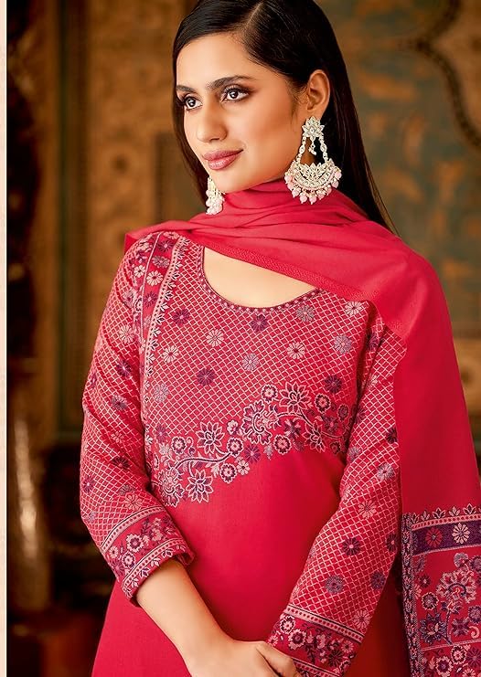 DRAVINAM Trends Women's Unstitched Kaani Print Woollen Pashmina Salwar Suit Dress Material with Pashmina Printed Shawl Dupatta (Free Size_Peach)