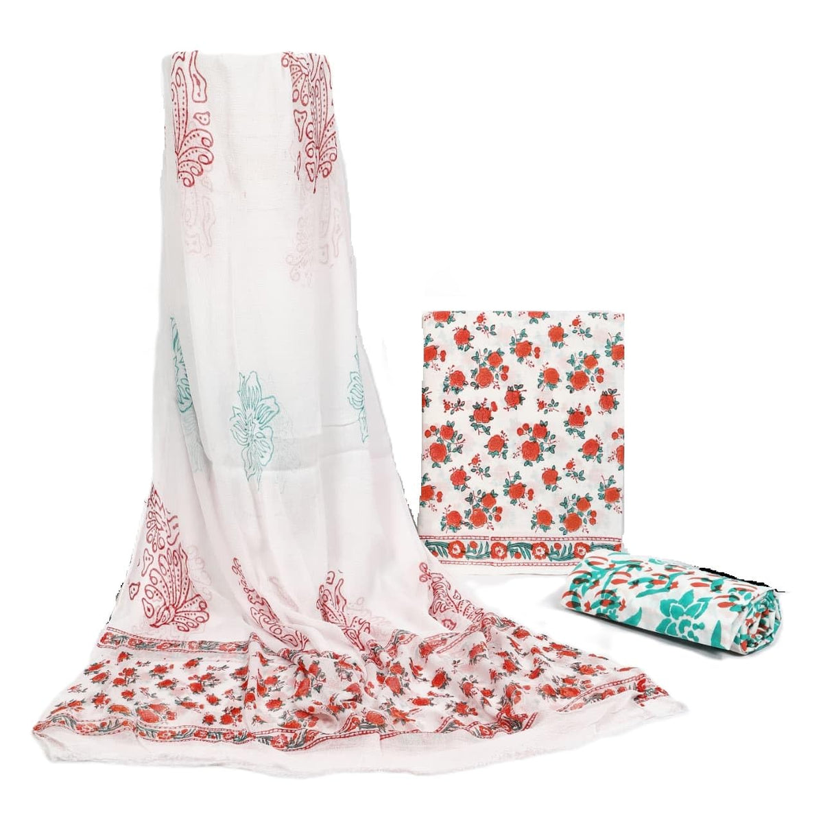 DRAVINAM Trends Hand Block Print Cambric Cotton Unstitched Salwar Suit Set for Women with Pure Chiffon Hand Printed Dupatta