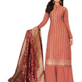 DRAVINAM Trends Women's Heavy Modal Satin Silk Sharara Style Pakistani Embroidered Salwar Suit Dress Material with Double Zari Jacquard Silk Banarasi Dupatta (Rust)