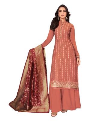 DRAVINAM Trends Women's Heavy Modal Satin Silk Sharara Style Pakistani Embroidered Salwar Suit Dress Material with Double Zari Jacquard Silk Banarasi Dupatta (Rust)