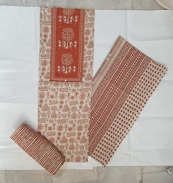 DRAVINAM Trends Women's Cambric Cotton Dress Material | Unstitch Warli Printed Suit Set with Cotton Dupatta