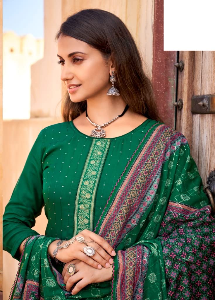 DRAVINAM Trends Women's Pure Viscose Upada Silk Sequence work Unstitched Salwar Suit Material with Pure Muslin Digital Print Sequence Dupatta (Free size_Green)
