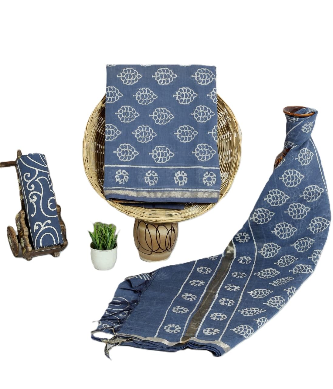 Women's Elegant Beige and Black Chanderi Block Printed Unstitched Salwar Suit Dress Material with Cotton Bottom & Zari Border Dupatta