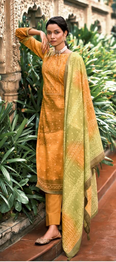 DRAVINAM Trends Women's Unstitched hand embroidered digital bandhani Print Pure Woollen Pashmina Salwar Suit Dress Material with bandhani printed woolen shawl dupatta (Yellow)