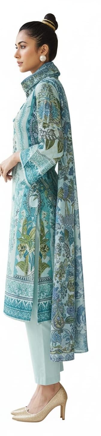 DRAVINAM Trends Printed Embroidered Pakistani Unstitched Pure Cotton Salwar Suit Dress Materials Fabric with Cotton Printed Dupatta for Women (Sky Blue)