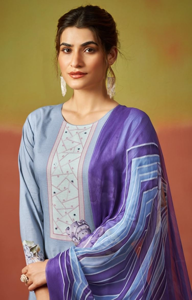 DRAVINAM Trends Unstitch Suit Dress Material for Women II Handcrafted Sequence Cambric Lawn Cotton Top II Cambric Lawn Cotton Unstitch Bottom II Pure Bemberg Dupatta
