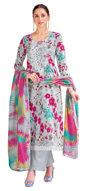DRAVINAM Trends Women's Unstitched Salwar Suit Material - Pink - Cambric Cotton - Floral Print Top with Embroidery - Solid Cotton Bottom - Mal Mal Print Dupatta with Lace