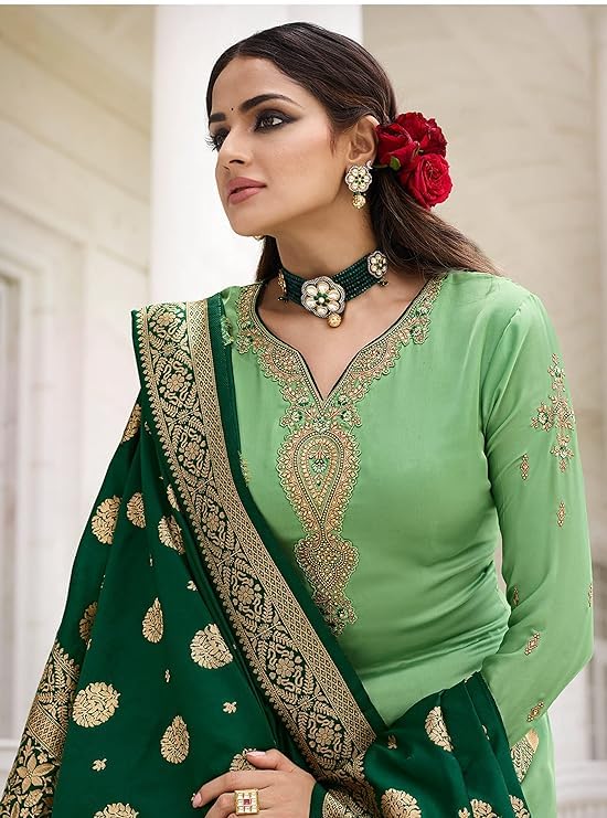 DRAVINAM Trends Women's Satin Georgette Unstitched Embroidered Chudidaar Salwar Suit dress Material with Heavy Pure Banarasi Meena Jacquard silk Dupatta (Free size_Blue and Firozee)