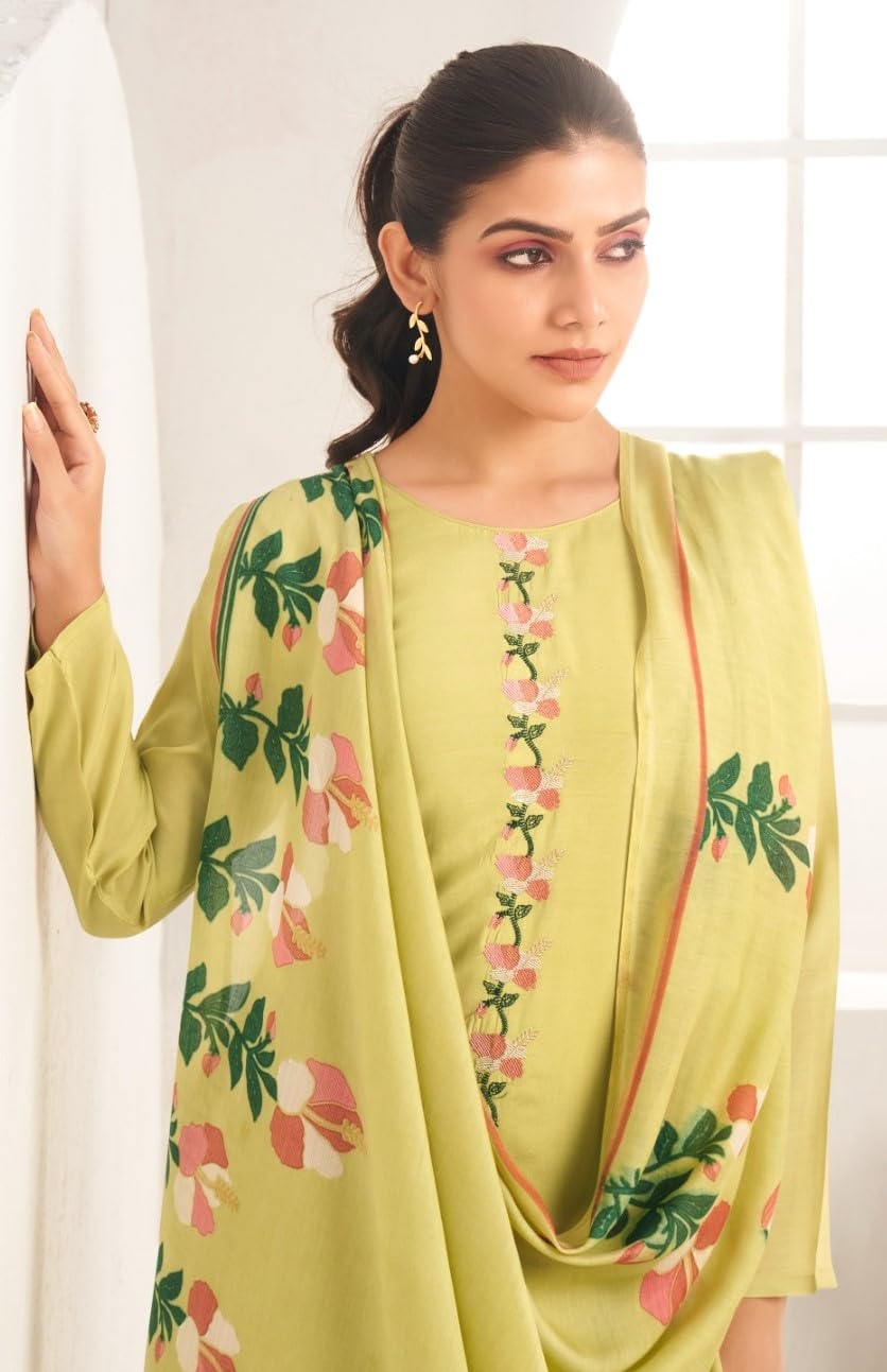 DRAVINAM Trends Women's Premium Maslin Unstitch Suit Dress Material: Zari Embroidery Top Fabric, Heavy Maslin Bottom & Dupatta