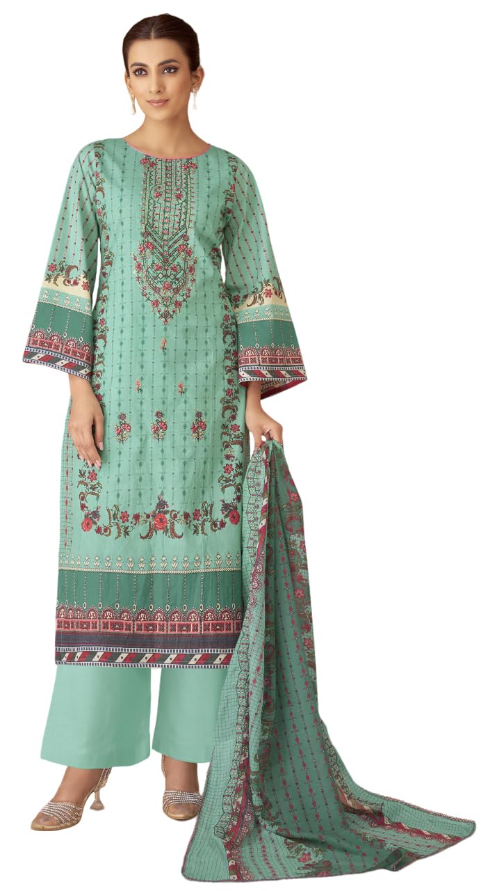 DRAVINAM Trends Unstitched Cotton Suit Dress Material Set: Pakistani Print Top Fabric with Embroidery | Customizable Solid Bottoms | Cotton Fancy Dupatta