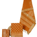 Women's Unstitched Three-piece Fabric Set Dress Material | Maheshwari Top & Dupatta with Zari Border, cotton Bottom | Mustard Yellow Hand Block Print Salwar Suit Piece