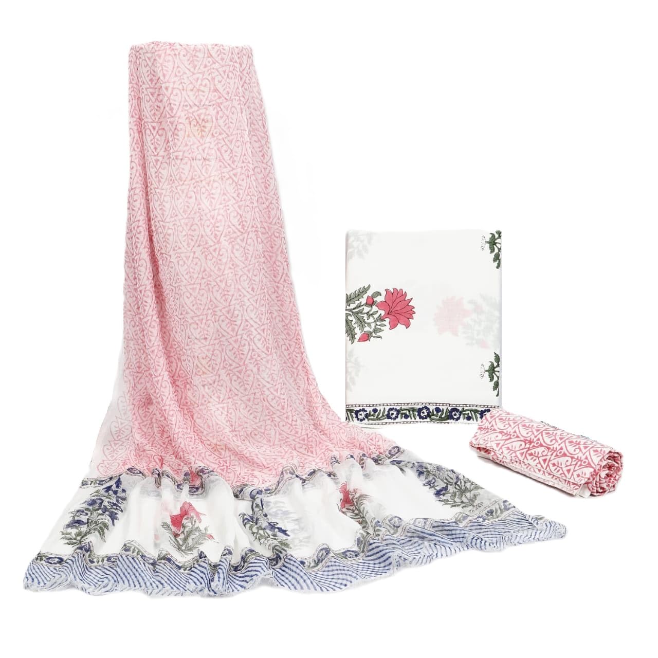 DRAVINAM Trends Hand Block Print Cambric Cotton Unstitched Salwar Suit Set for Women with Pure Chiffon Hand Printed Dupatta