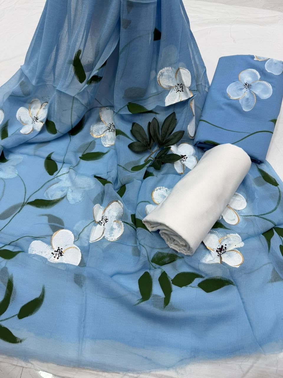 DRAVINAM Trends Women's Floral Hand Painted Unstitched Salwar Suit Dress Material with Pure Chiffon Dupatta (Blue & White)