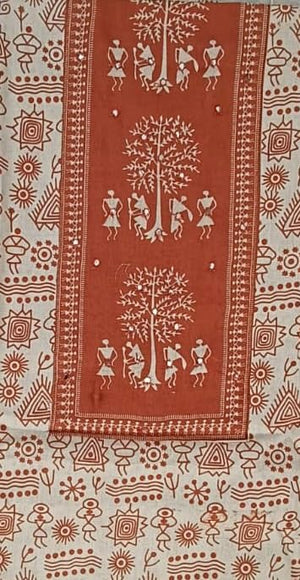 DRAVINAM Trends Women's Cambric Cotton Dress Material | Unstitch Warli Printed Suit Set with Cotton Dupatta