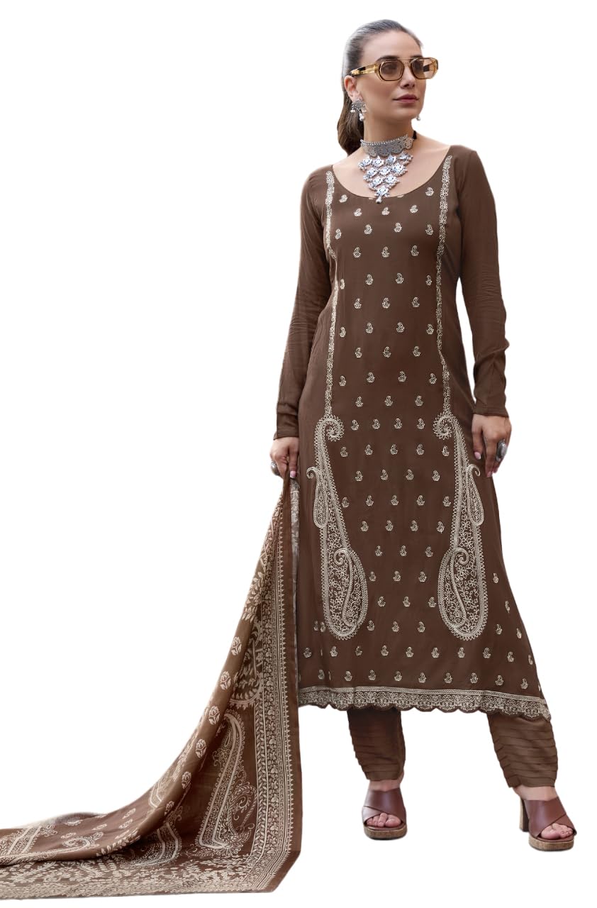 Unstitch Kashmiri Embroidered Winter Wear Salwar suit Dupatta Set – 2.5 m Viscose Wool Kameez with Premium Embroidery, 2.7 m Solid Viscose Bottom Fabric & 2.25 m Digital Print Silk Wool Dupatta