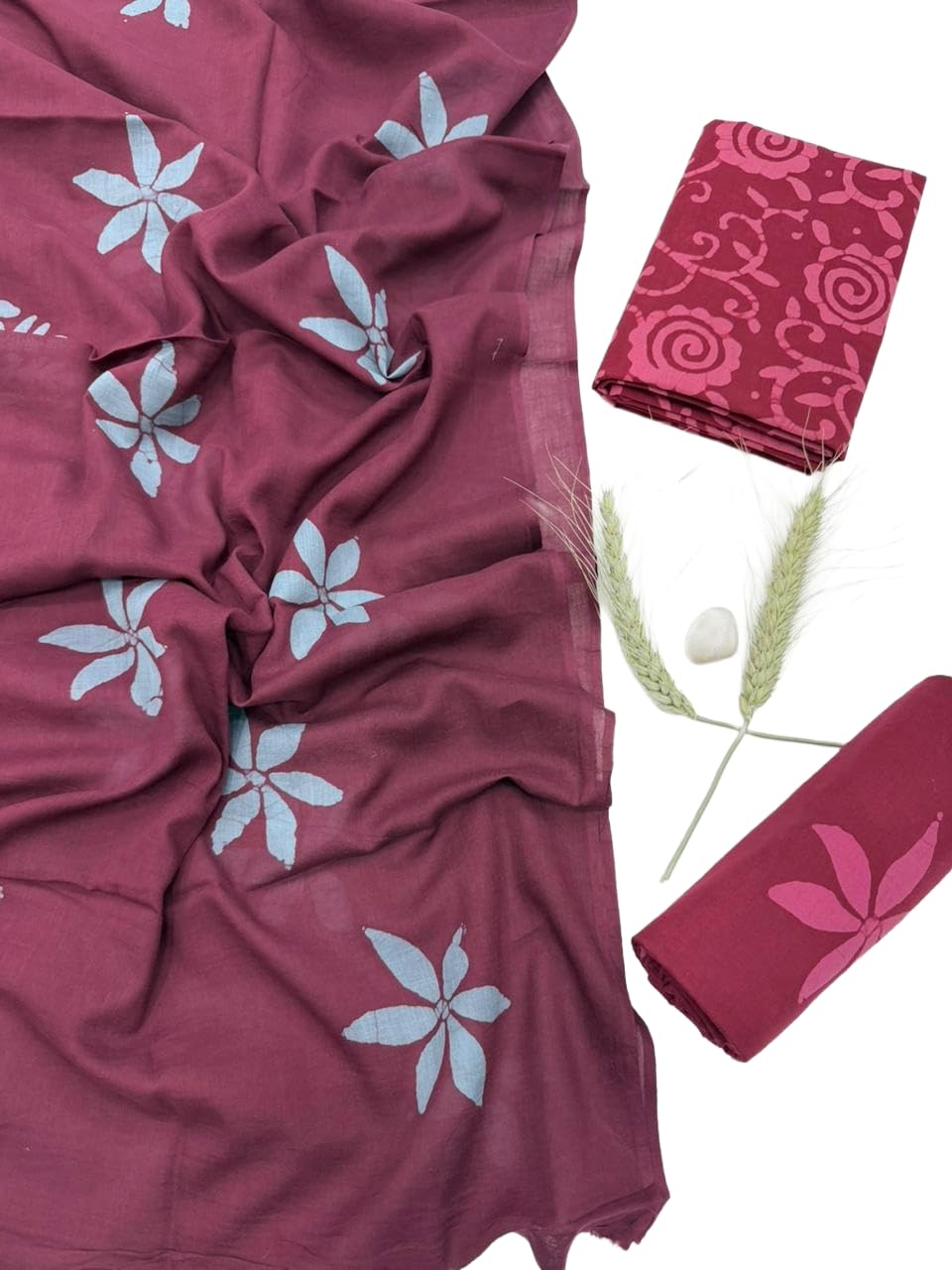 DRAVINAM Trends Hand Block Print Sanganeri Cambric Unstitched Cotton Suit Dress Material for Women with Mulmul Cotton Hand Printed Dupatta