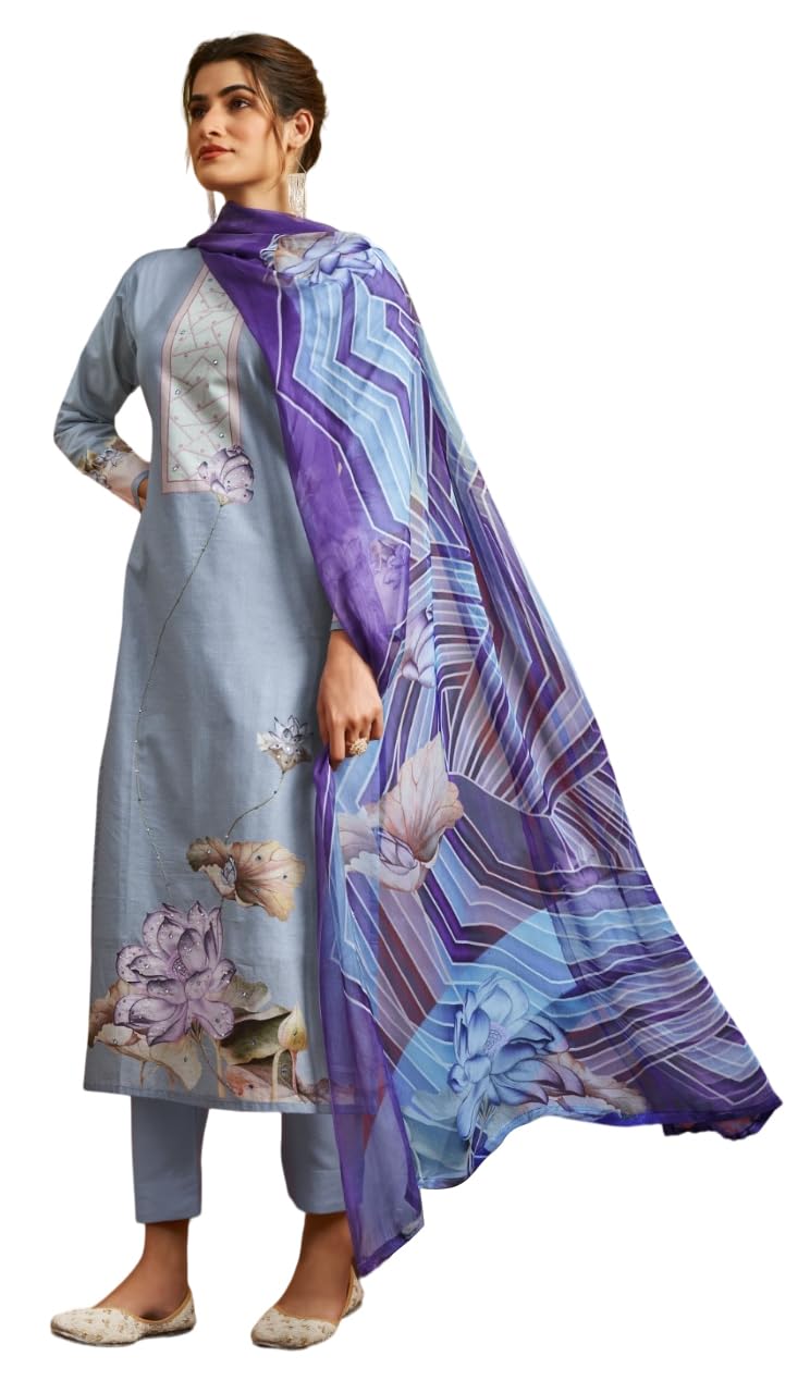 DRAVINAM Trends Unstitch Suit Dress Material for Women II Handcrafted Sequence Cambric Lawn Cotton Top II Cambric Lawn Cotton Unstitch Bottom II Pure Bemberg Dupatta