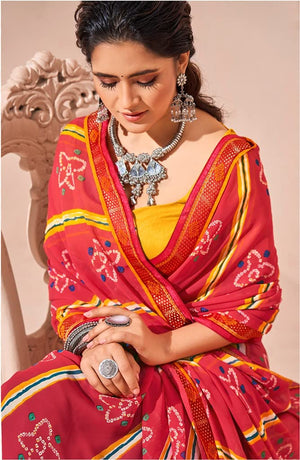 DRAVINAM Trends Women's Pure Georgette Lehriya Print Jaipuri Saree with Blouse Piece (Dark Red Peach and Yellow)