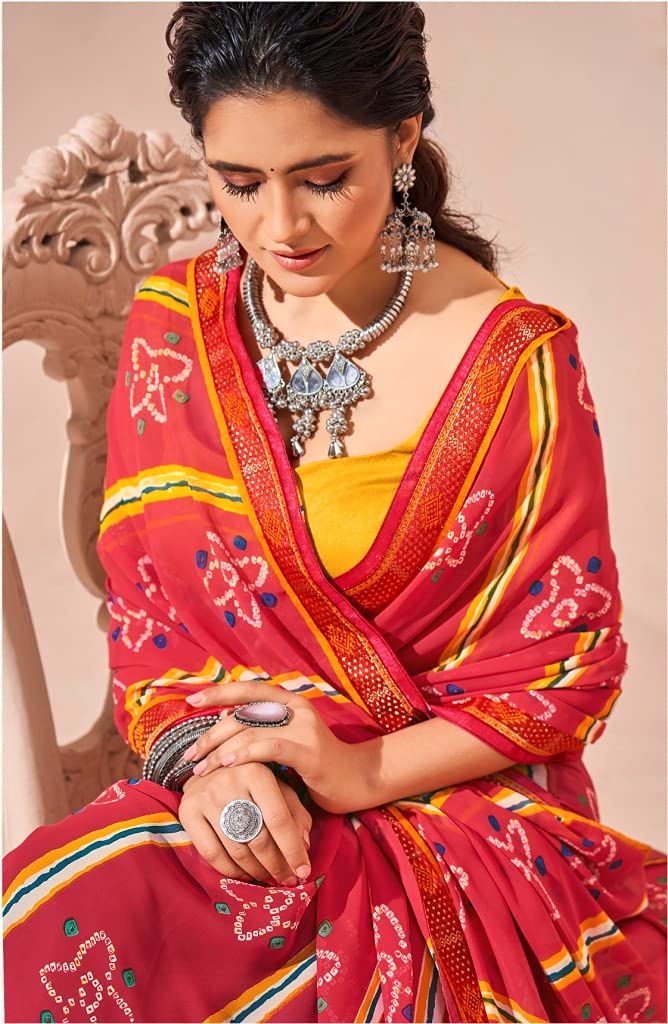DRAVINAM Trends Women's Pure Georgette Lehriya Print Jaipuri Saree with Blouse Piece (Dark Red Peach and Yellow)