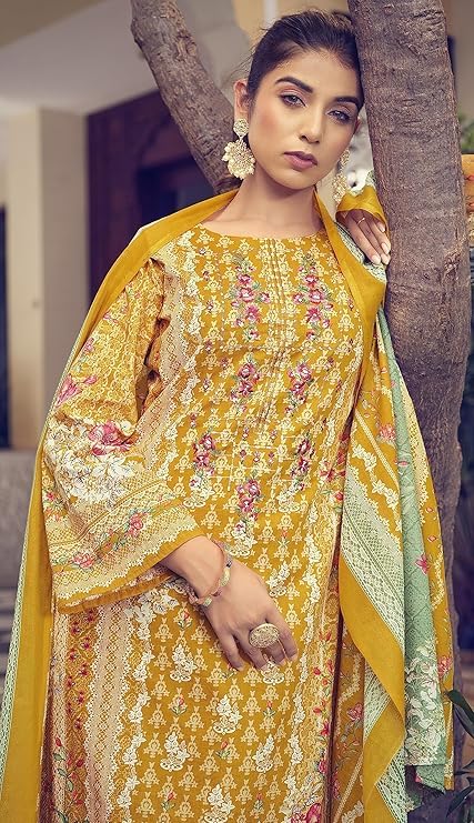 DRAVINAM Trends Unstitched Pakistani Print Embroidered Cotton Suit Dress Materials with Printed Cotton Dupatta