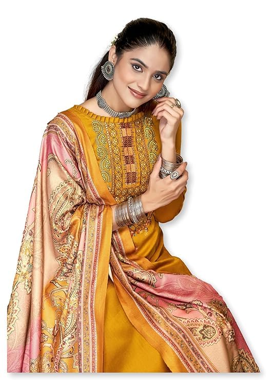 DRAVINAM Trends Women's Unstitched Winter Wear Woollen Pashmina Embroidered Salwar Suit Dress Material with Pashmina Printed Shawl Dupatta