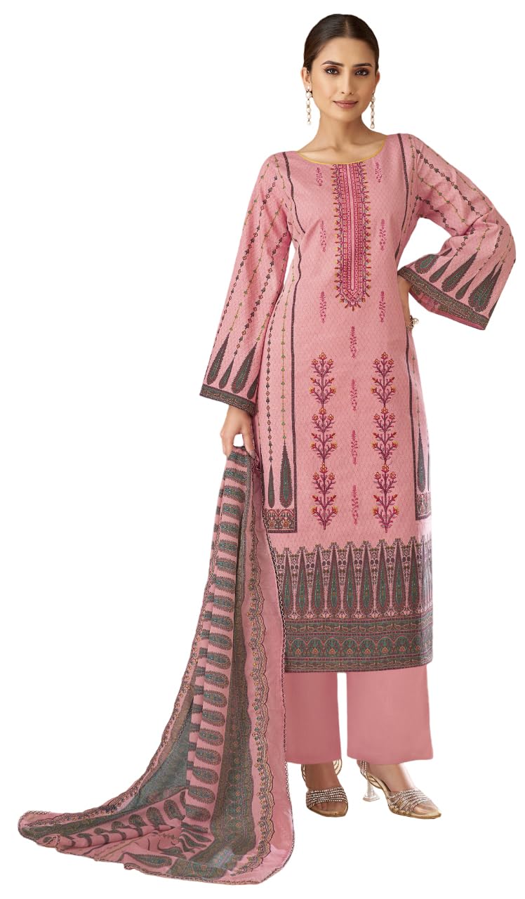 DRAVINAM Trends Unstitched Cotton Suit Dress Material Set: Pakistani Print Top Fabric with Embroidery | Customizable Solid Bottoms | Cotton Fancy Dupatta