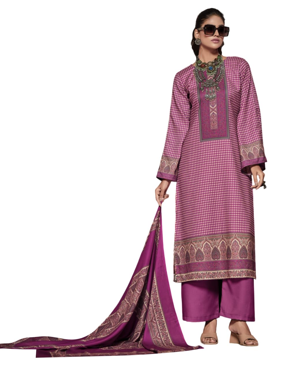 DRAVINAM Trends Elegant Unstitch Pashmina Set: 100% Viscose Digital Print Top, Solid Bottom & Matching Dupatta