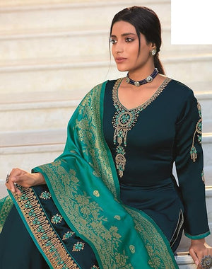 DRAVINAM Trends Women's Satin Georgette Unstitched Embroidered Chudidaar Salwar Suit dress Material with Heavy Pure Banarasi Meena Jacquard silk Dupatta (Free size_Blue and Firozee)