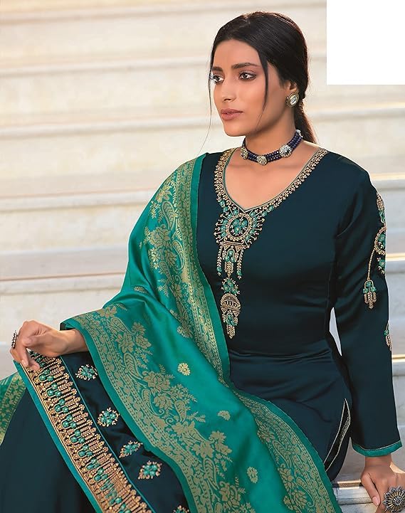 DRAVINAM Trends Women's Satin Georgette Unstitched Embroidered Chudidaar Salwar Suit dress Material with Heavy Pure Banarasi Meena Jacquard silk Dupatta (Free size_Blue and Firozee)