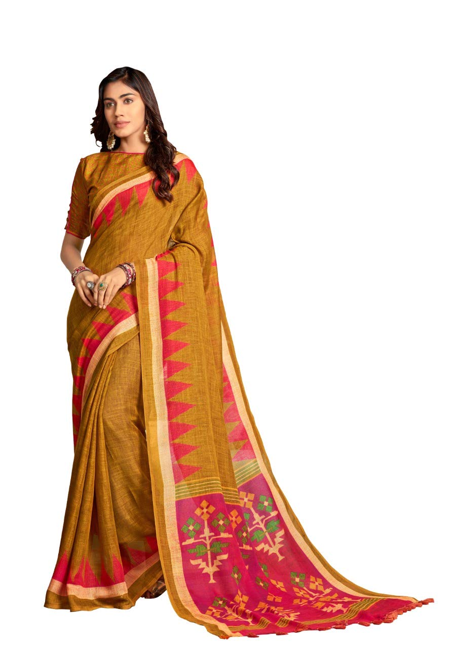 DRAVINAM Trends Women's Banarasi Linen Saree With Unstitched Blouse Piece (SareeML_10_Sea Green)