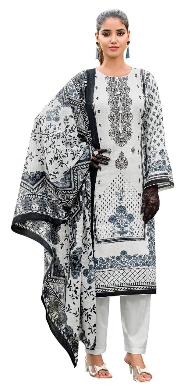 DRAVINAM Trends Women's Pure Karachi Lawn Cambric Digital Print with Pakistani Embroidery Unstitched Ladies Salwar Suit Dress Material with Lawn Cotton Dupatta