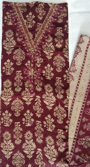 DRAVINAM Trends Women's Unstitched Jaam Cotton Dress Material | Printed Embroidered Unstitched Suit Set with Rayon Bottoms and Printed Dupatta