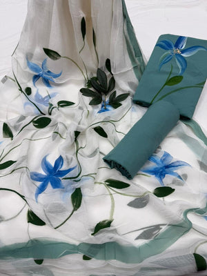DRAVINAM Trends Women's Floral Hand Painted Unstitched Salwar Suit Dress Material with Pure Chiffon Dupatta (Blue & White)