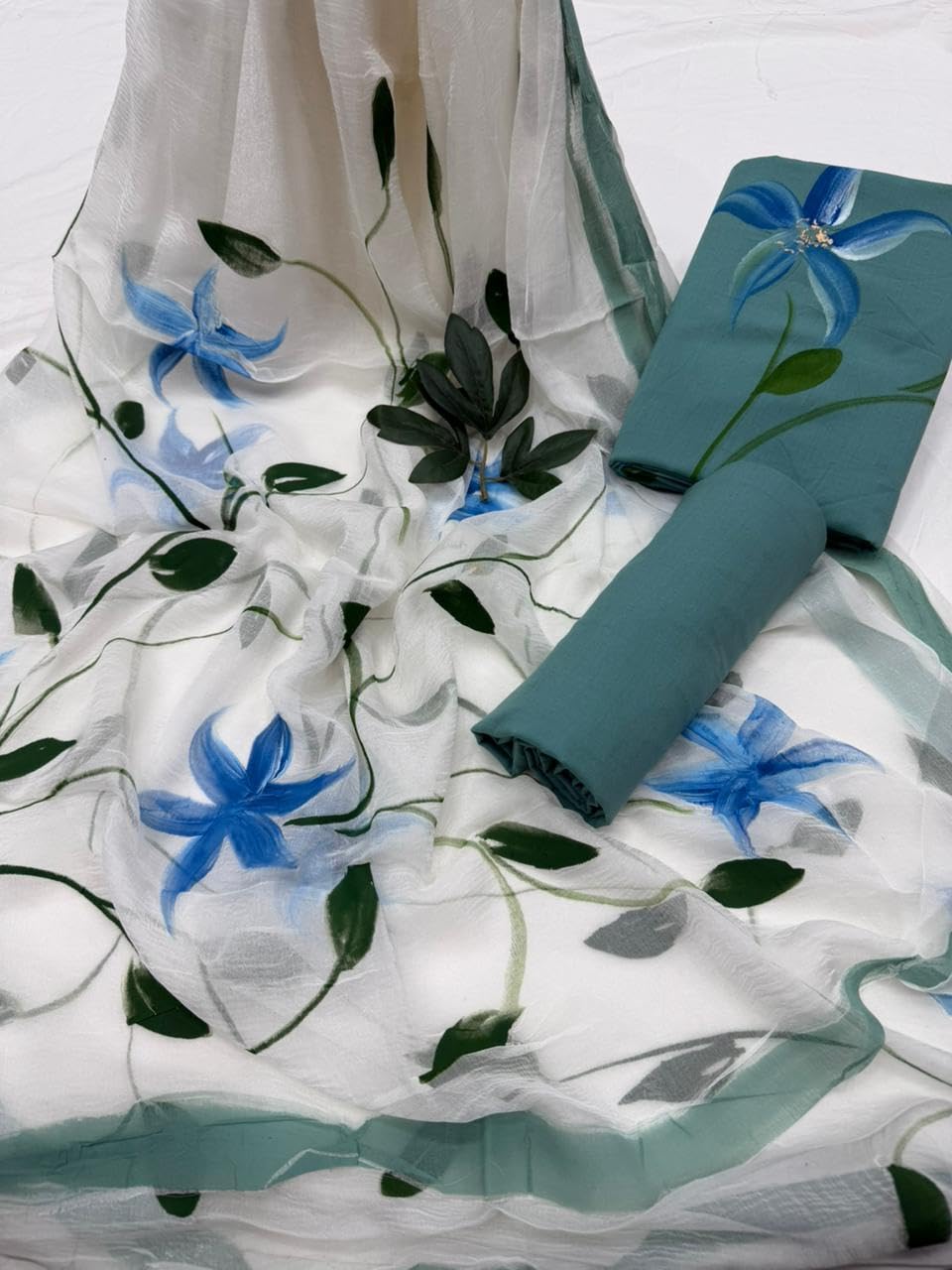 DRAVINAM Trends Women's Floral Hand Painted Unstitched Salwar Suit Dress Material with Pure Chiffon Dupatta (Blue & White)