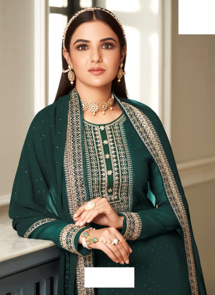 DRAVINAM Trends Women’s Pure Georgette Unstitched Salwar Suit Fabric Dress Material with Heavy Zari Embroidery and Swaroski work and Heavy embroidered Dupatta (Green)