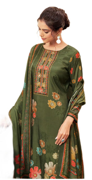 DRAVINAM Trends Unstitch Premium Viscose Bemberg Maslin Suit Dress Material II Pure Maslin Top Fabric with Aari work & Swaroski Detailing I Viscose Rayon Bottom I Digital Printed Maslin Dupatta