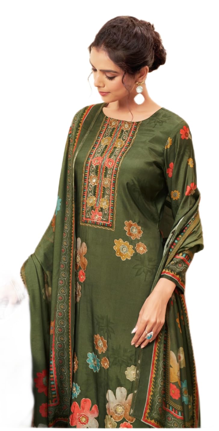 DRAVINAM Trends Unstitch Premium Viscose Bemberg Maslin Suit Dress Material II Pure Maslin Top Fabric with Aari work & Swaroski Detailing I Viscose Rayon Bottom I Digital Printed Maslin Dupatta