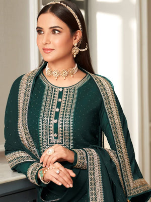 DRAVINAM Trends Women’s Pure Georgette Unstitched Salwar Suit Fabric Dress Material with Heavy Zari Embroidery and Swaroski work and Heavy embroidered Dupatta (Green)