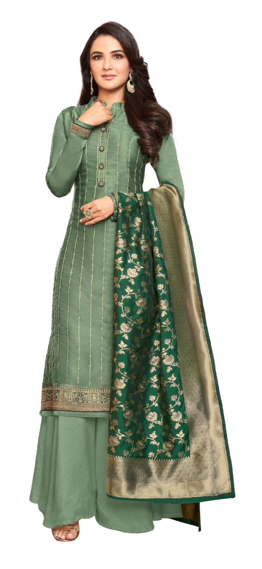 DRAVINAM Trends Women's Heavy Modal Satin Silk Chudidar Style Pakistani Embroidered Salwar Suit Dress Material with Double Zari Jacquard Silk Banarasi Dupatta (Green)
