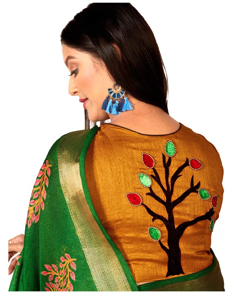 DRAVINAM Trends Women's Khadi Linen Saree With Un-stitched Blouse (SareePe_8_Green & Yellow)