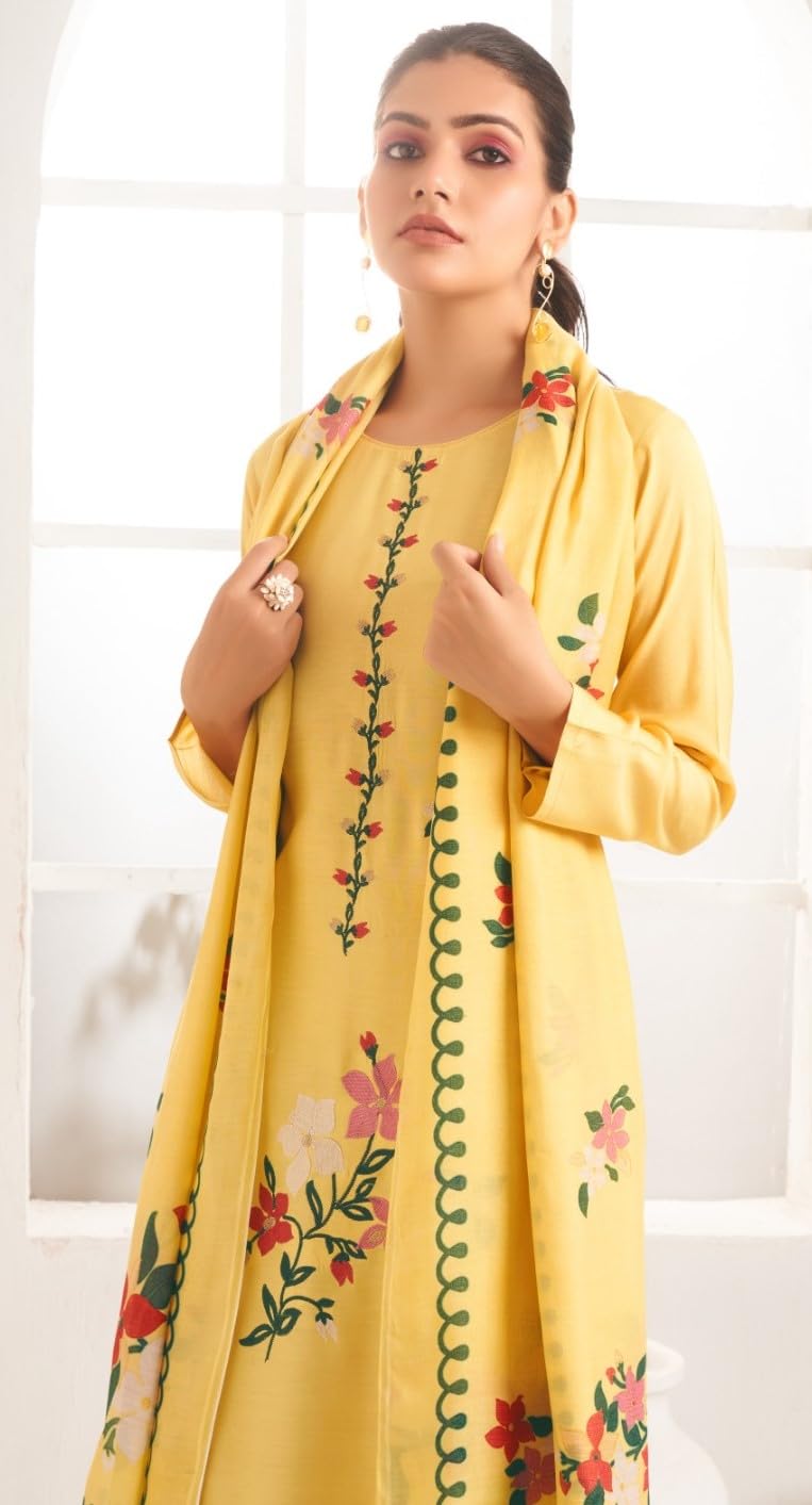 DRAVINAM Trends Women's Premium Maslin Unstitch Suit Dress Material: Zari Embroidery Top Fabric, Heavy Maslin Bottom & Dupatta