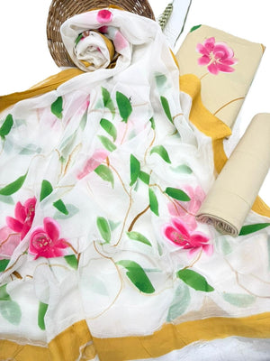 DRAVINAM Trends Hand Block Print Cambric Cotton Unstitched Salwar Suit Set for Women with Pure Chiffon Hand Printed Dupatta