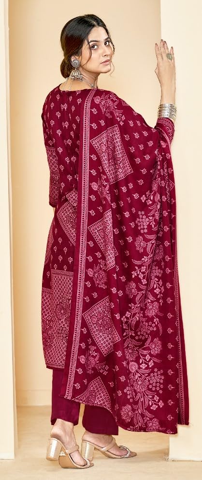 DRAVINAM Trends Women Unstitch Printed Pashmina Suit Dress Material I Digital style Printed Pashmia Top| Pure Pashmina Spun Dyed Bottoms | Luxurious Pure Woolen Shawl Dupatta with Piko work