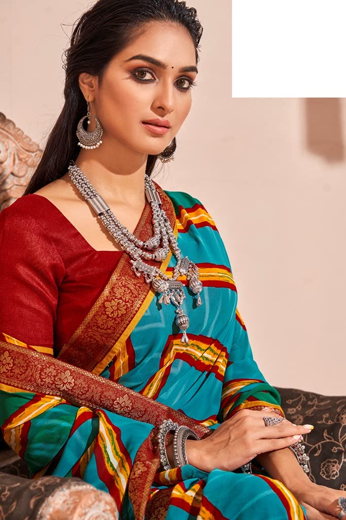 DRAVINAM Trends Women's Pure Georgette Lehriya Print Jaipuri Saree with Blouse Piece (Dark Red Peach and Yellow)