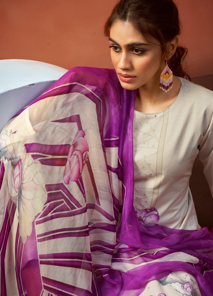 DRAVINAM Trends Unstitch Suit Dress Material for Women II Handcrafted Sequence Cambric Lawn Cotton Top II Cambric Lawn Cotton Unstitch Bottom II Pure Bemberg Dupatta