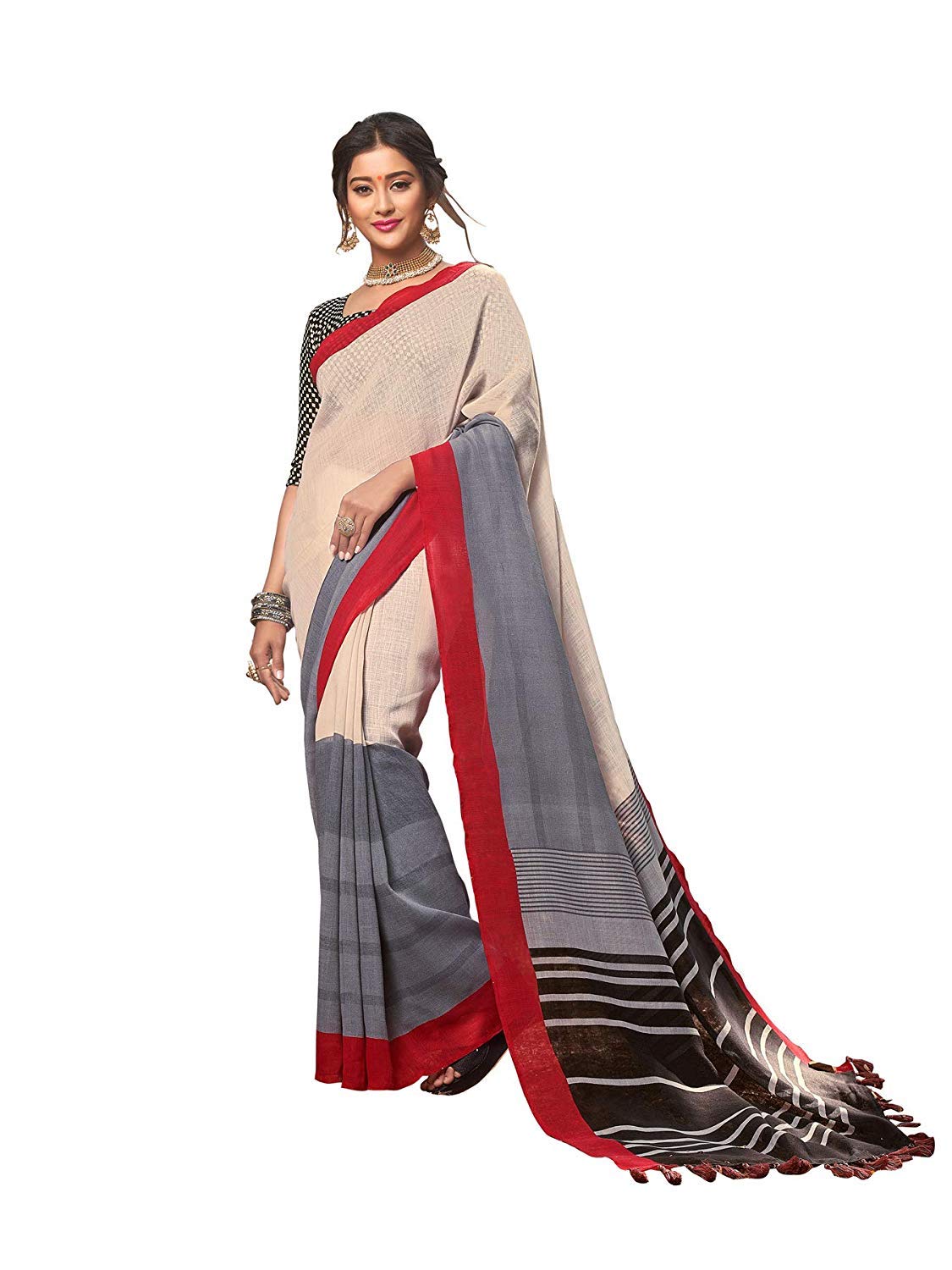 DRAVINAM Trends Women's Khadi Linen Saree With Blouse Piece (SareePL_8_Grey & Green)