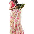 DRAVINAM Trends Women's Plain weave Soft Cotton Blend Saree with Satin Border and unstitched Self Printed Matching Blouse piece (Cream and Peach)