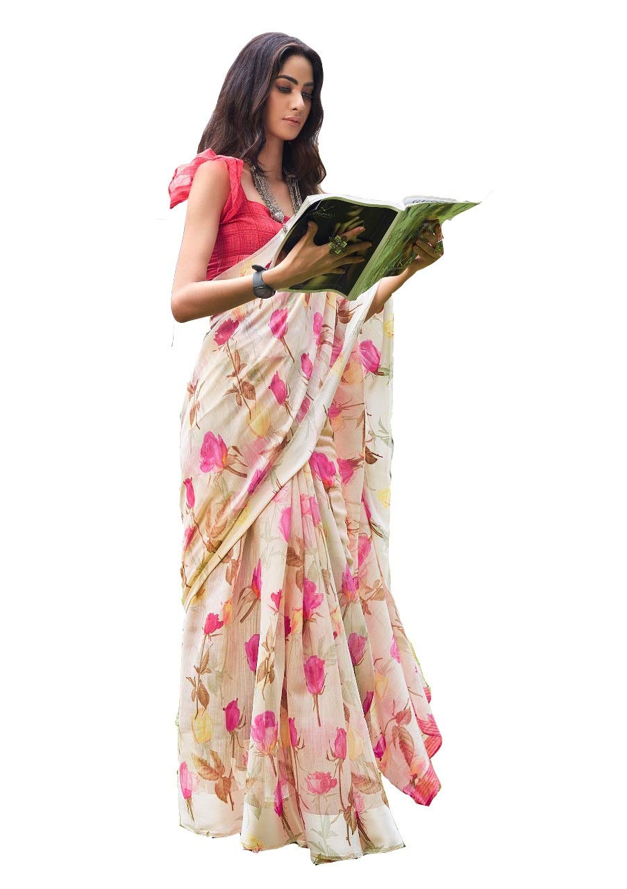 DRAVINAM Trends Women's Woven Kota Linen Printed Saree with Blouse Piece (Light Brown_SareeSRZ_11)