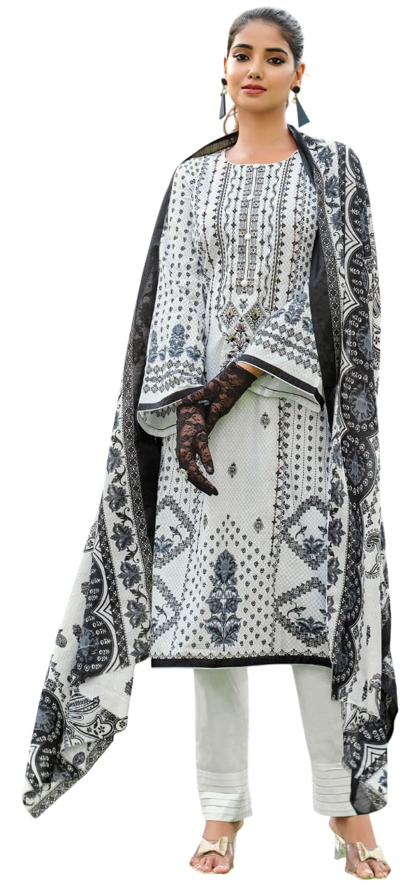 DRAVINAM Trends Women's Pure Karachi Lawn Cambric Digital Print with Pakistani Embroidery Unstitched Ladies Salwar Suit Dress Material with Lawn Cotton Dupatta